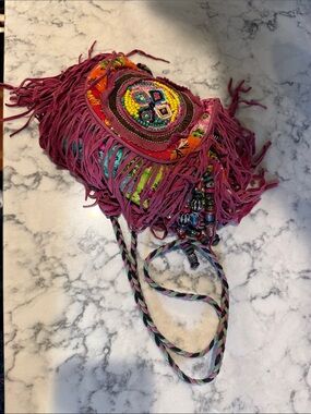Antik Batik Magenta Fringe Crossbody with Beaded Embroidery